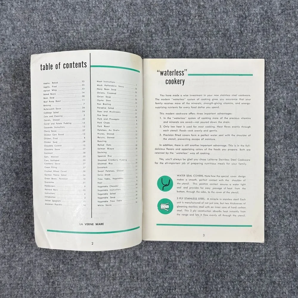 Vintage La Verne Cookbook Recipes Instructions Waterless Cookware‎ 3-Ply Steel